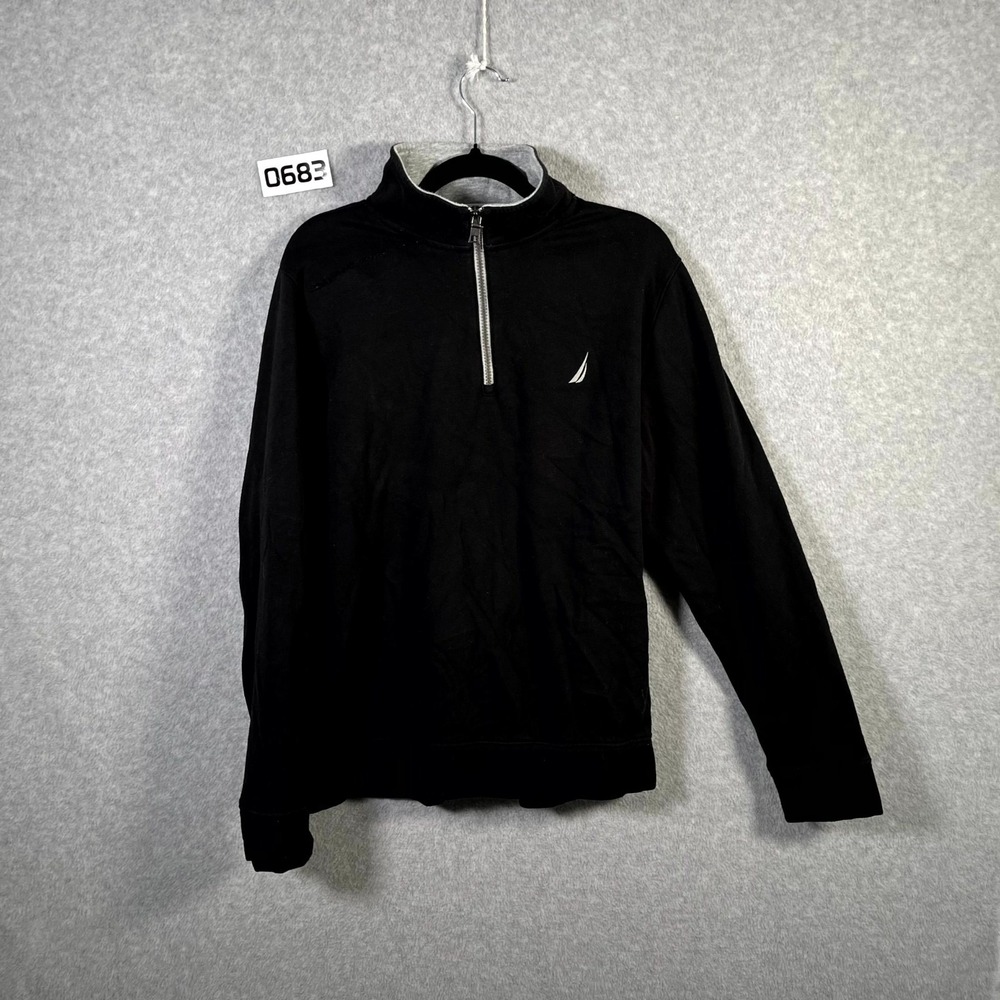 Nautica Sweater Mens Medium Black Logo Tight Knit Ribbed Mock Neck Quarter Zip